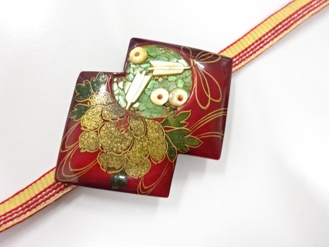 JAPANESE KIMONO / ANTIQUE LACQUERED LACQUER / MOTHER-OF-PEARL INLAY OB